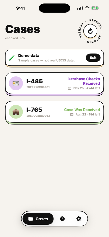 All your cases on one screen, each with its status and estimated date