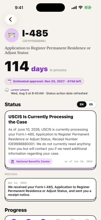 Case detail showing days in process, estimated approval and the full USCIS status text