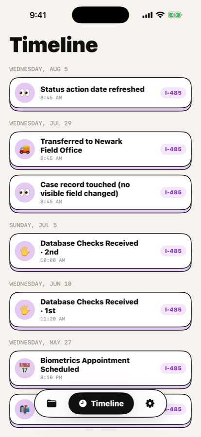 A timeline of every event across all your cases